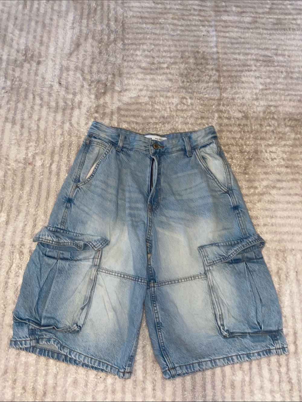 Bershka Washed Blue Cargo Denim Shorts